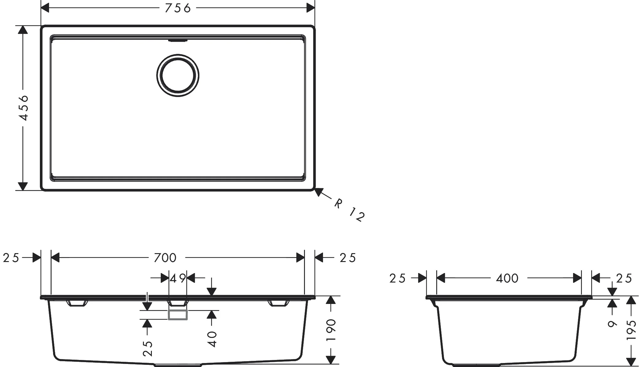 Hansgrohe Unterbauspüle S53 Serie, SilicaTec, Graphitschwarz, 736 x 436 mm, Beckentiefe 190 mm, 80 cm Unterschrank, manuelle Ablaufgarnitur mit Siphon
