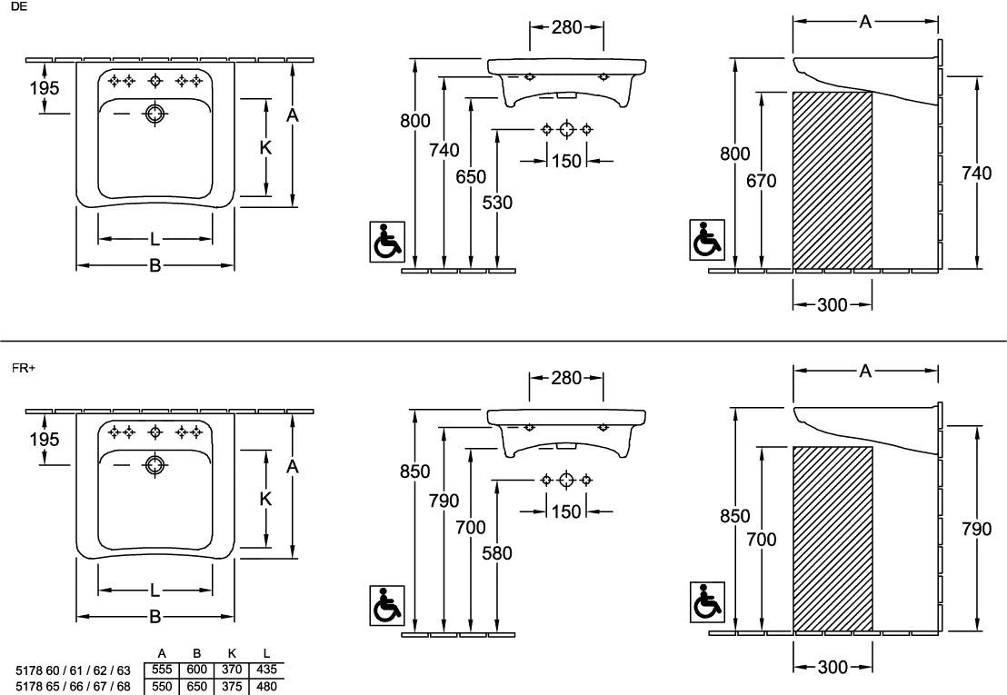 Villeroy & Boch Wandwaschtisch „ViCare“ 650 × 550 × 190 mm, ohne Hahnlochbohrung in Weiß Alpin