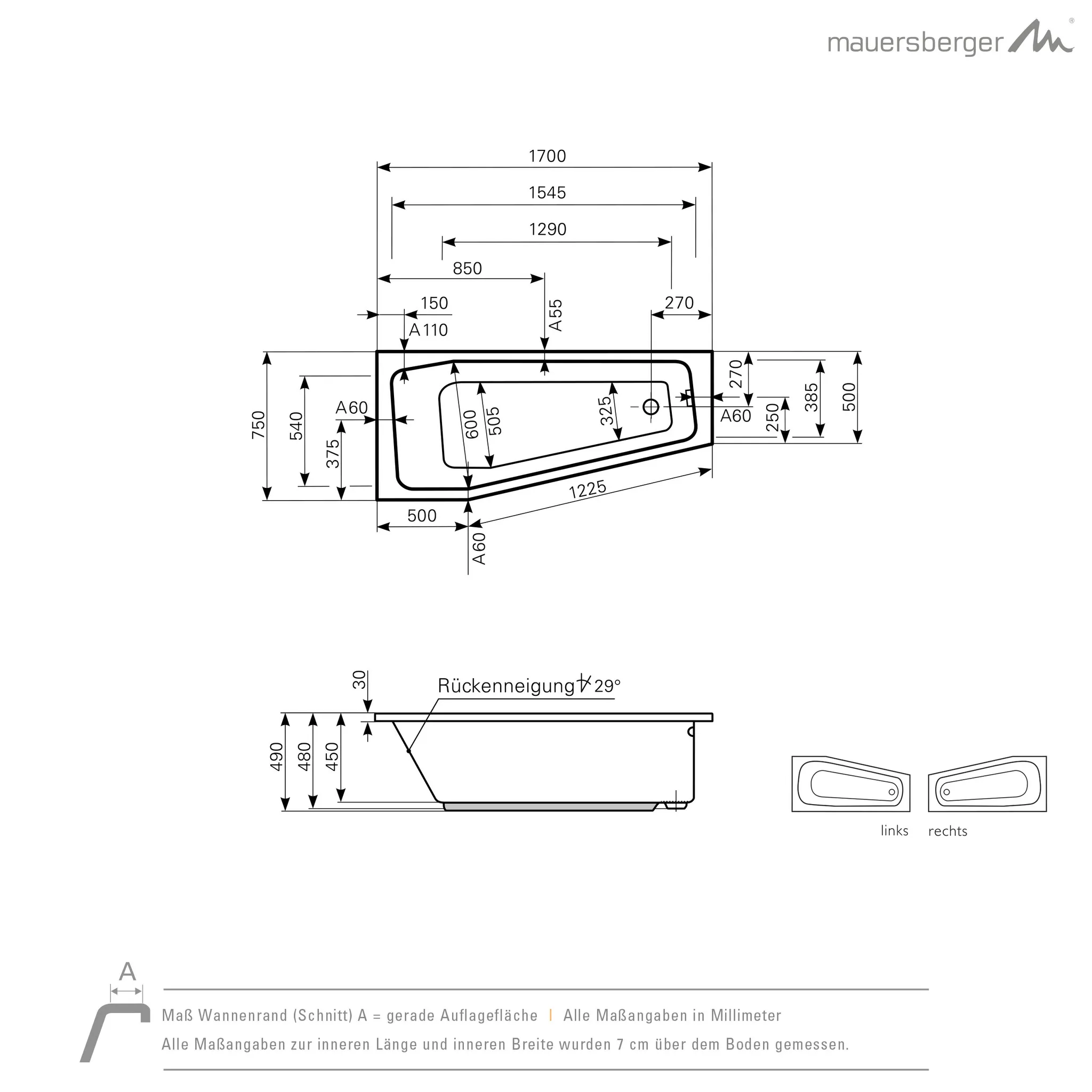 Mauersberger globosa Acryl-Badewanne Kompaktform globosa 170/75 rechts, weiß