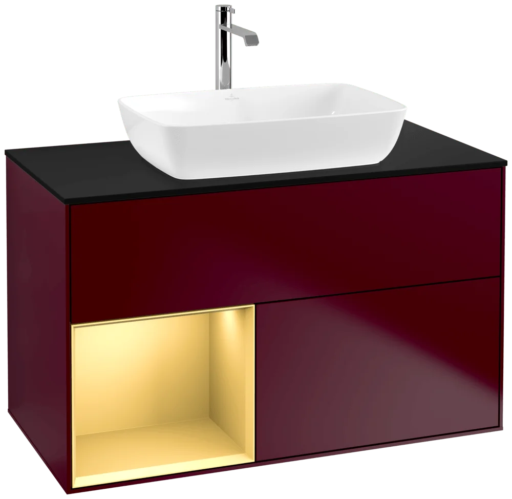 Villeroy & Boch Waschbeckenunterschrank Finion F77, 1000x603x501 mm, Peony Matt Lacquer mit Gold Regal, Beleuchtung dimmbar, SoftClosing, Push-to-open Villeroy & Boch Waschbeckenunterschrank Finion F77, 1000x603x501 mm, Peony Matt Lacquer mit Gold Regal, Beleuchtung dimmbar, SoftClosing, Push-to-open