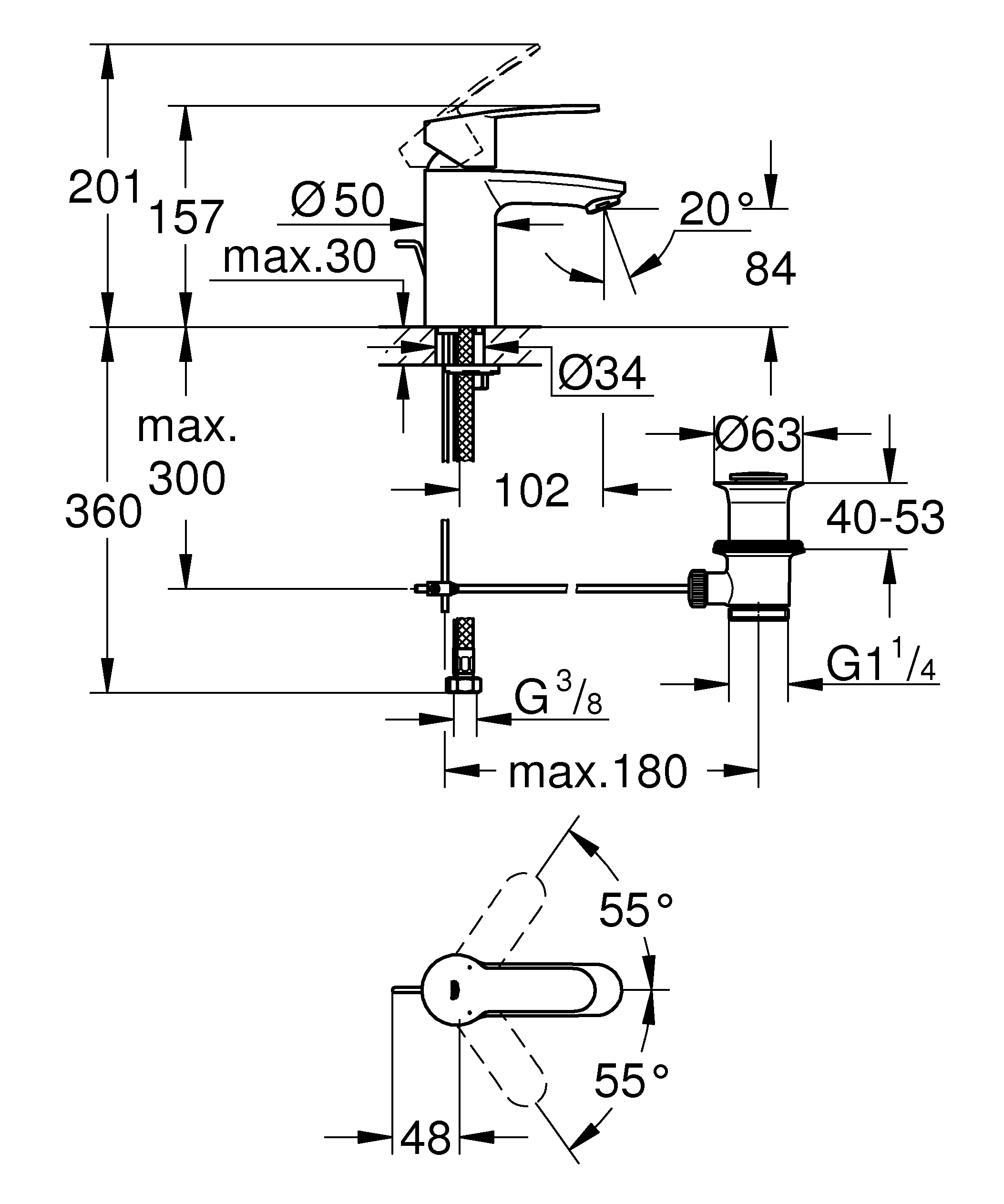 Einhand-Waschtischbatterie Eurostyle Cosmopolitan 33552_2, S-Size, Einlochmontage, Zugstangen-Ablaufgarnitur 1 1/4″, chrom