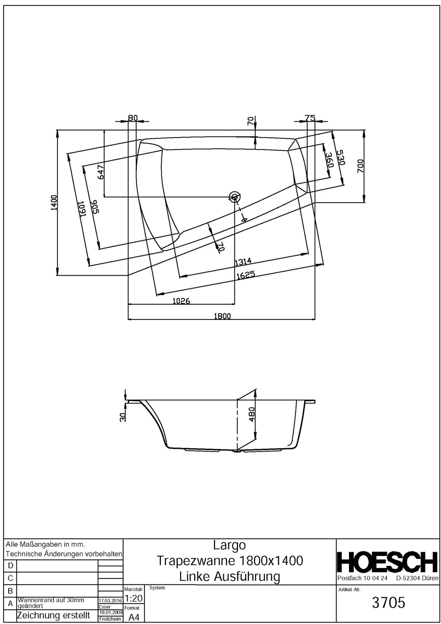 Hoesch Largo Trapez 1800x1400 links Weiß Hoesch Largo Trapez 1800x1400 links Weiß