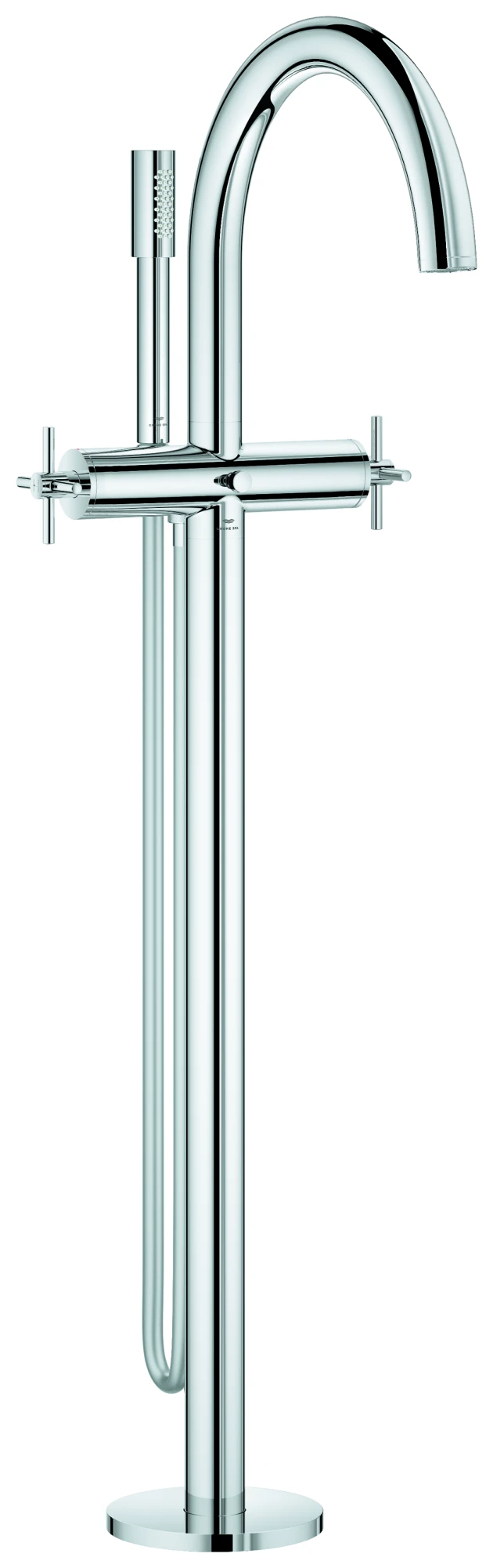 Wannenbatterie Atrio 25272, Bodenmontage, Fertigmontageset für 45 984, eigensicher, mit Kreuzgriffen, mit Handbrauseset, chrom