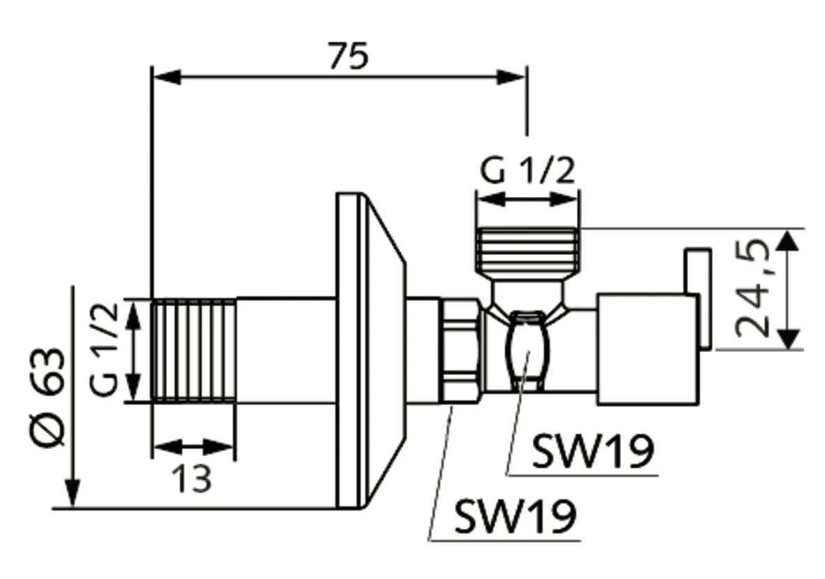 Eckventil mit Regulierfunktion PINT, Design-Griff, Schubrosette Ø 63 mm, DN 15 G 1/2 AG, DN 15 G 1/2 AG, chrom