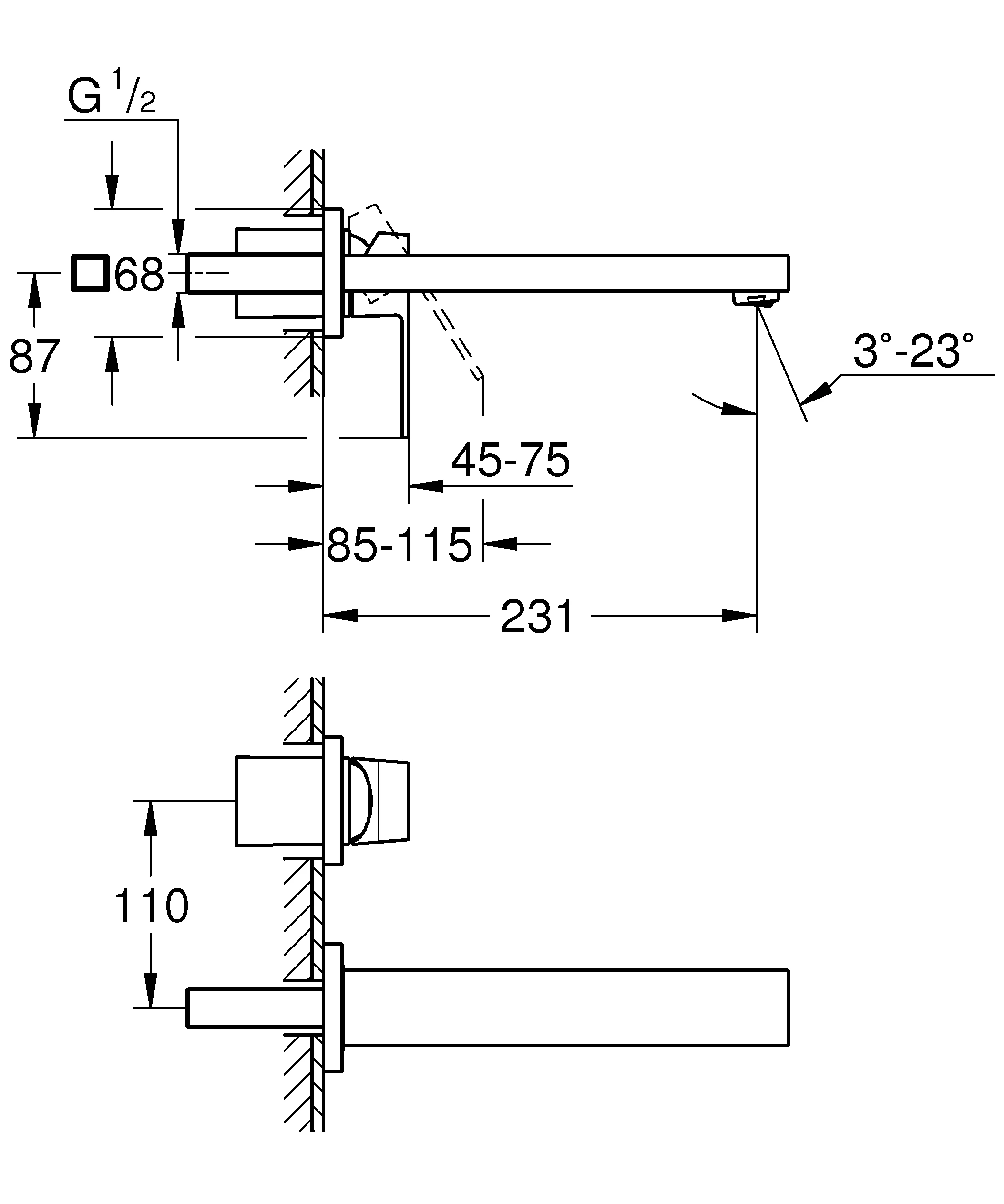 2-Loch-Waschtischbatterie Eurocube 23447, Wandmontage, Fertigmontageset für 23200, Ausladung 231 mm, chrom