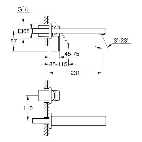 2-Loch-Waschtischbatterie Eurocube 23447, Wandmontage, Fertigmontageset für 23200, Ausladung 231 mm, chrom 2-Loch-Waschtischbatterie Eurocube 23447, Wandmontage, Fertigmontageset für 23200, Ausladung 231 mm, chrom