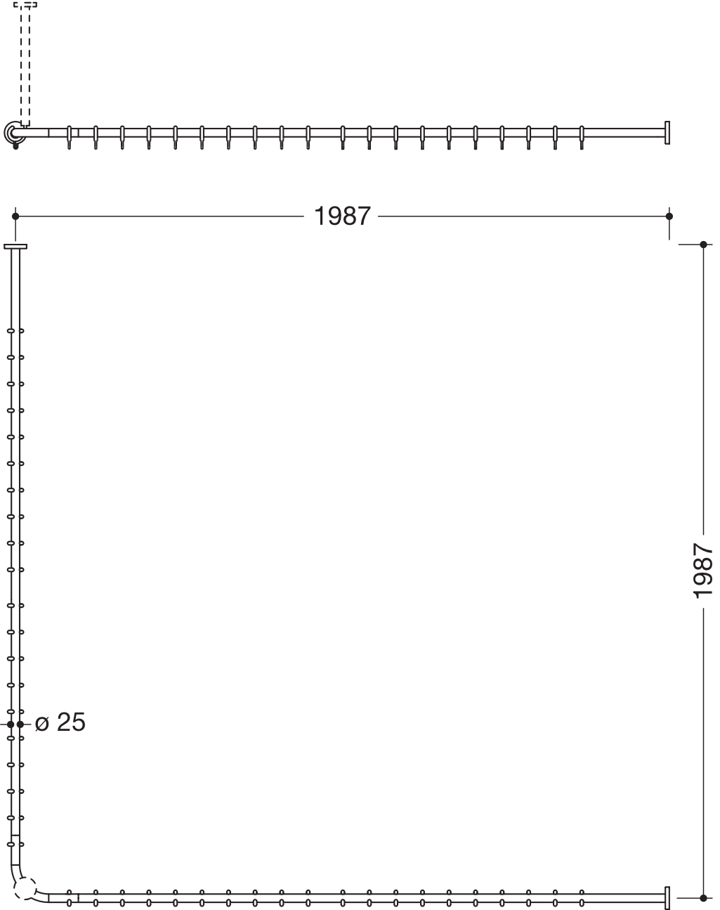 HEWI Duschvorhangstange „System 900“ 202,2 × 202,2 cm