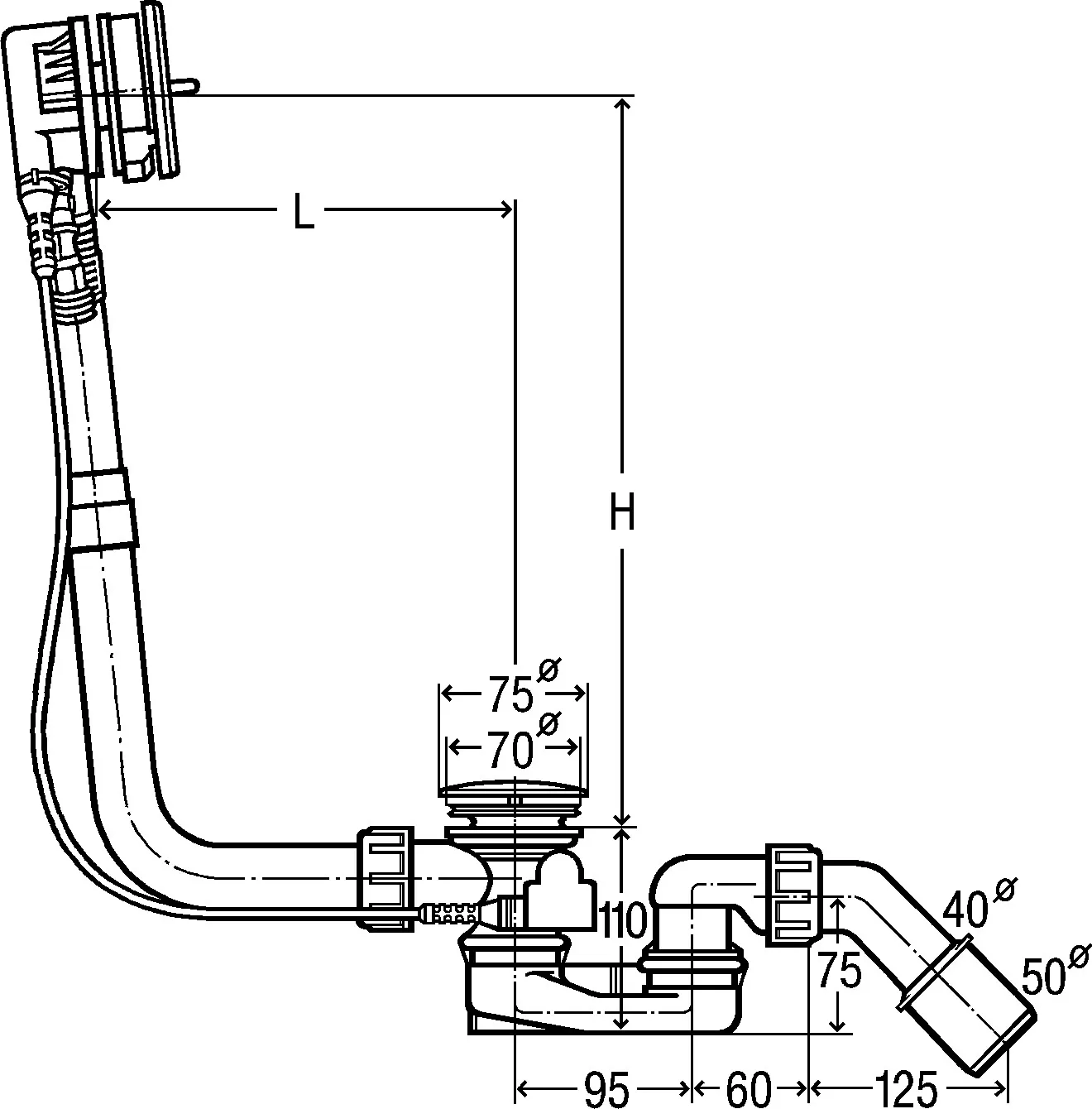 Viega Ab- und Überlaufgarnitur mit Zulauffunktion Modell 6161.61 „Multiplex Trio“ 6161.61 in 725 mm × DN40 / 50 verchromt 10,5 cm