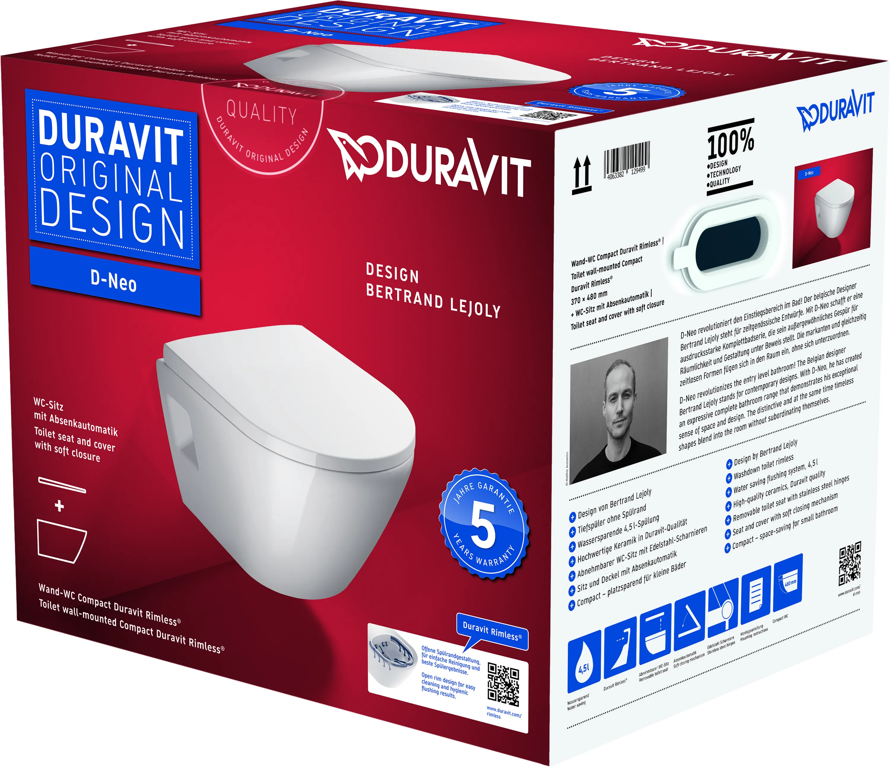 Duravit Wand-Tiefspül-WC Compact inkl. WC-Sitz „D-Neo“ 37 × 48 × 40 cm, Befestigung sichtbar, ohne Spülrand