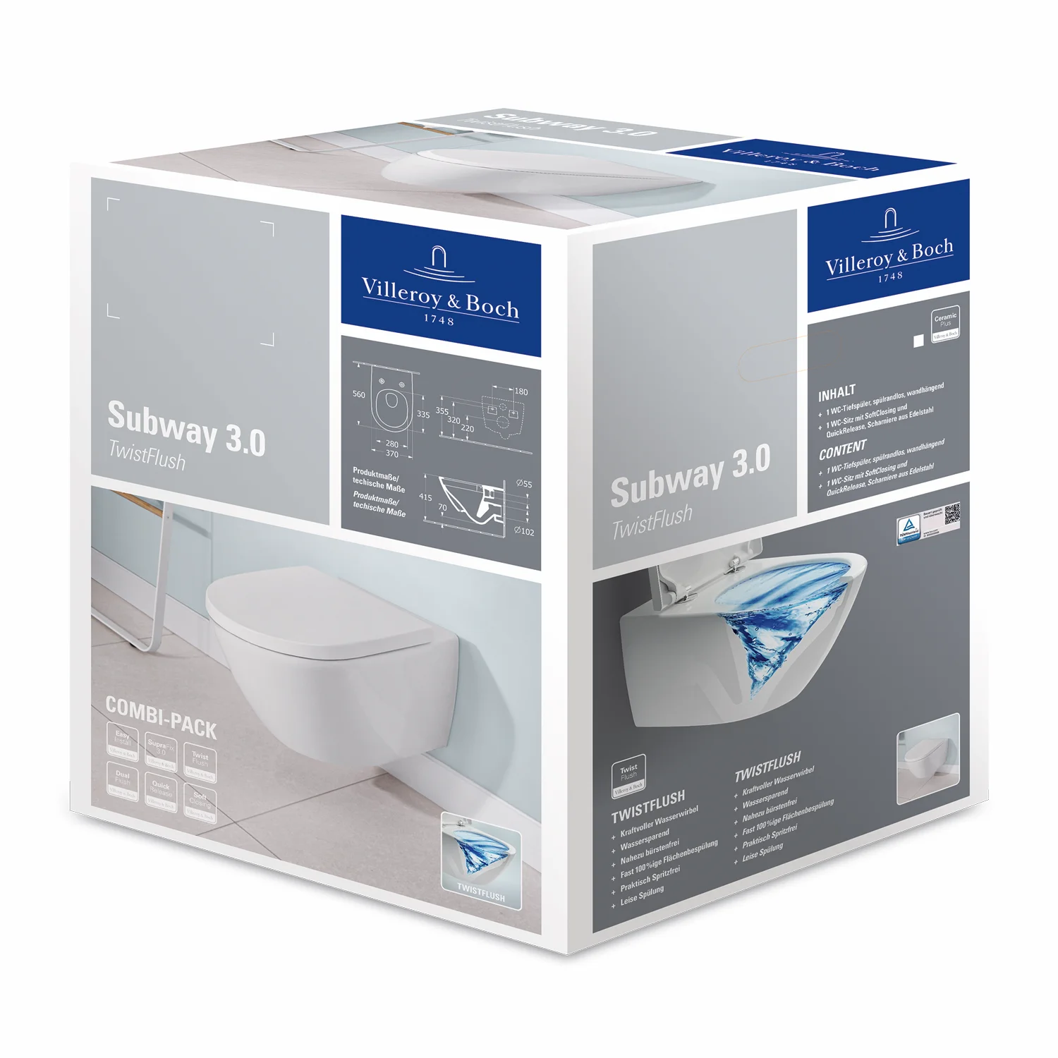 Wand-Tiefspül-WC Combi-Pack „Subway 3.0“ 37 × 40 × 56 × 56 cm in Weiß Alpin, mit CeramicPlus, ohne Spülrand, Abgang waagerecht