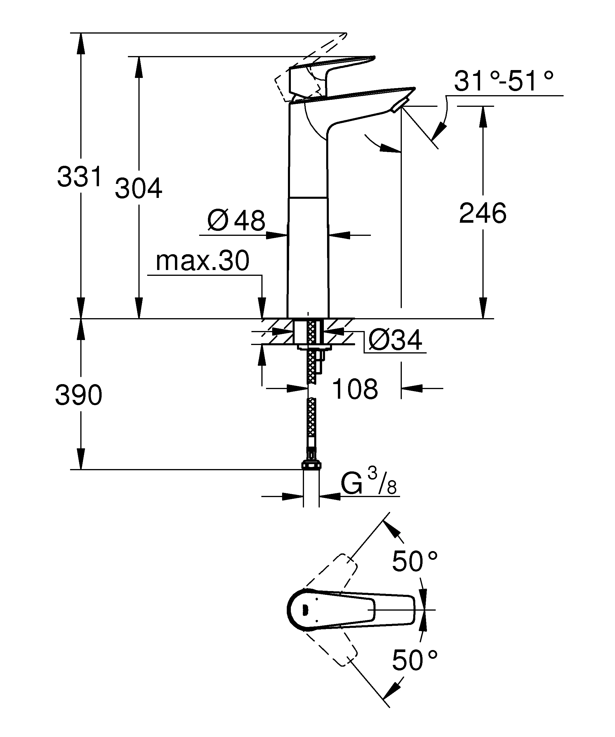 Einhand-Waschtischbatterie BauEdge 23761_1, XL-Size, für freistehende Waschschüsseln, glatter Körper, Einlochmontage, mit Temperaturbegrenzer, EcoJoy Mousseur 5,7 l/min, chrom