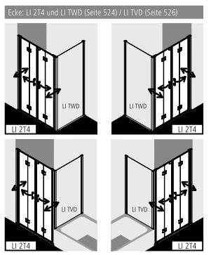Kermi Duschtür Pendel-Falttür 4-teilig für Nische und Ecke „LIGA“ 185 cm Profile Silber Mattglanz, Falttür