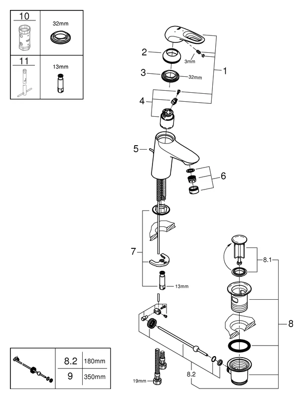 Einhand-Waschtischbatterie Eurostyle 23374_3, S-Size, Einlochmontage, offener Metall-Hebelgriff, Energie-Spar-Funktion Mittelstellung kalt, Zugstangen-Ablaufgarnitur 1 1/4'', chrom