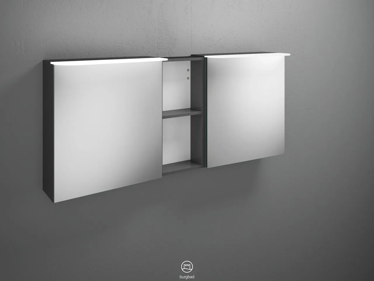 Badu Spiegelschrank SFTY150 von burgbad – 310 mm tief, 1.500 mm breit, 665 mm hoch, beidseitig verspiegelt mit LED-Aufsatzleuchten und Regal