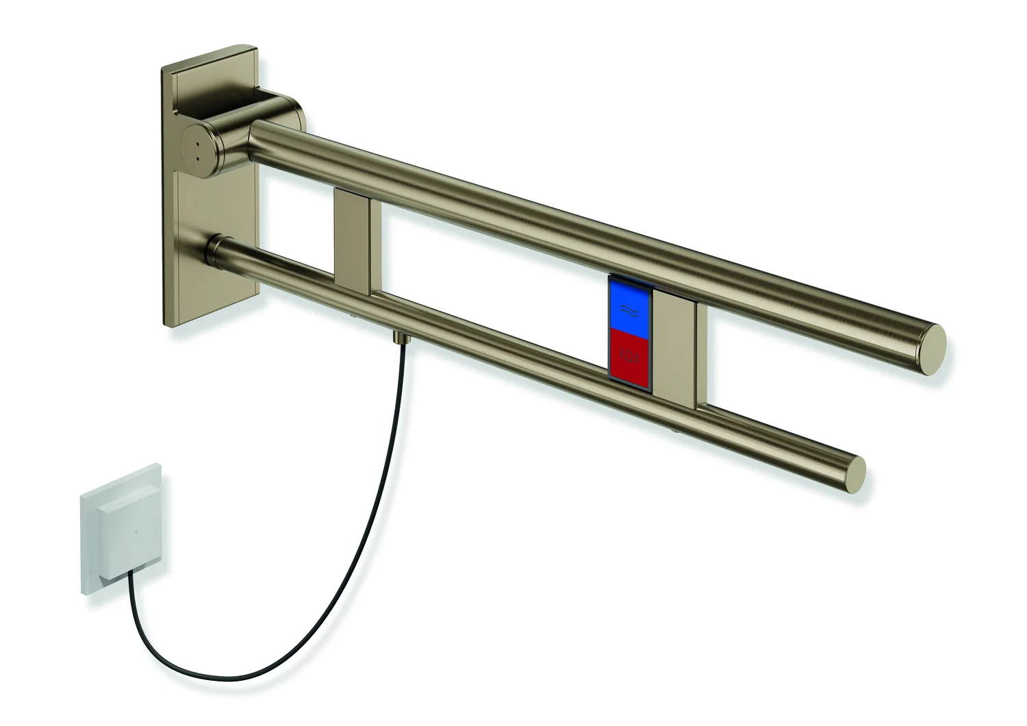 HEWI Stützklappgriff Duo System 900 Design A, Edelstahl PVD bronze gebürstet, Ausladung 700 mm, Spül-/Funktionstasten, links