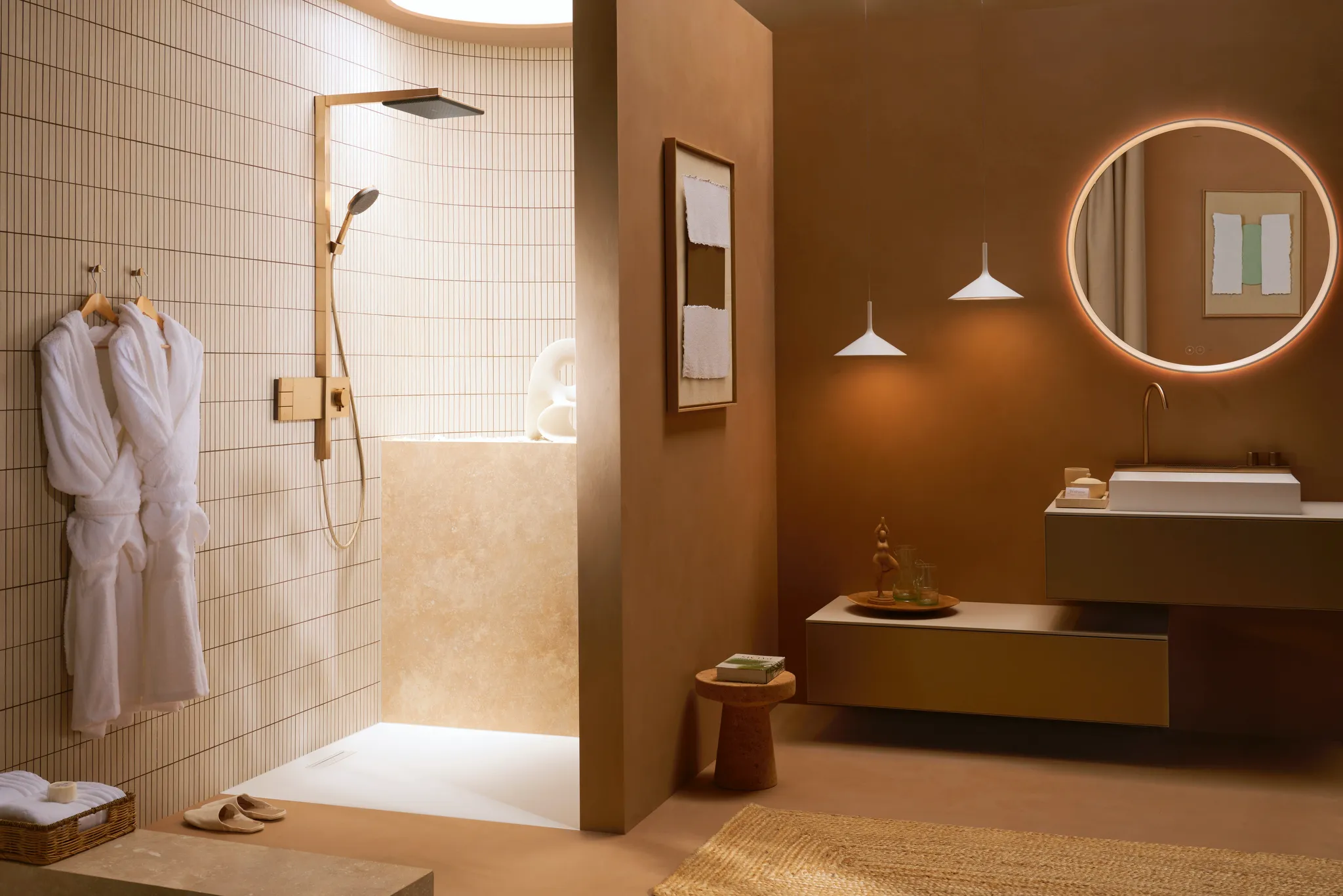 Hansgrohe Showerpipe Raindance Alive Q, 210/340 2jet mit Thermostat BBR, Brushed Bronze, 214 x 343 mm Brausekopfgröße, Aufputzinstallation Hansgrohe Showerpipe Raindance Alive Q, 210/340 2jet mit Thermostat BBR, Brushed Bronze, 214 x 343 mm Brausekopfgröße, Aufputzinstallation