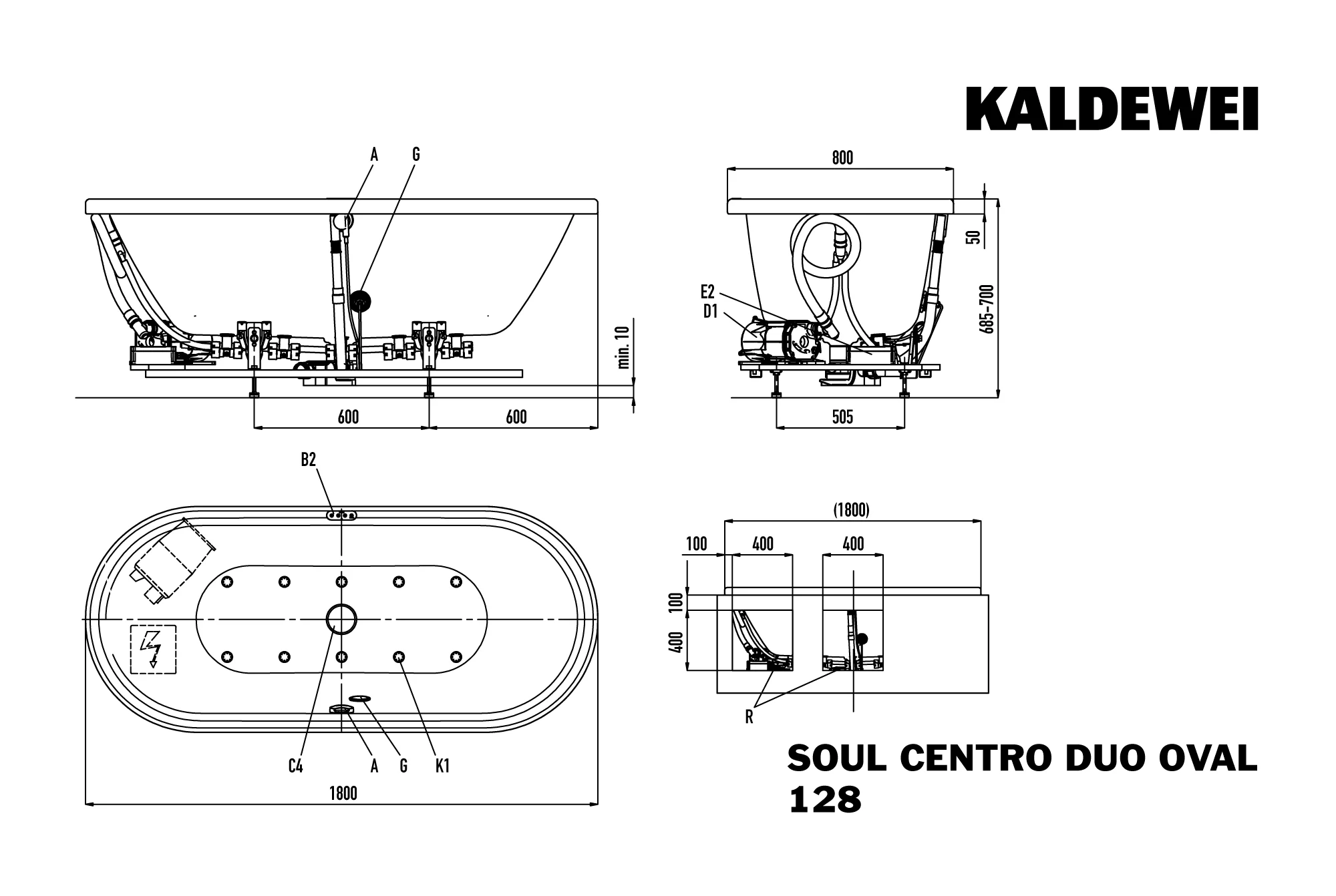 Kaldewei CENTRO DUO OVAL Whirlwanne, 1800x800 mm, alpinweiß matt, mit Airmassage SOUL