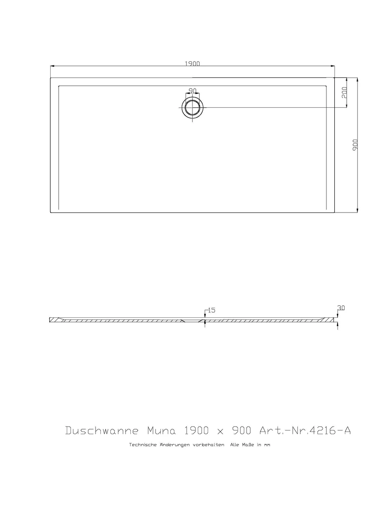 Duschwanne „Muna“ Rechteck 190 × 90 cm in Weiß