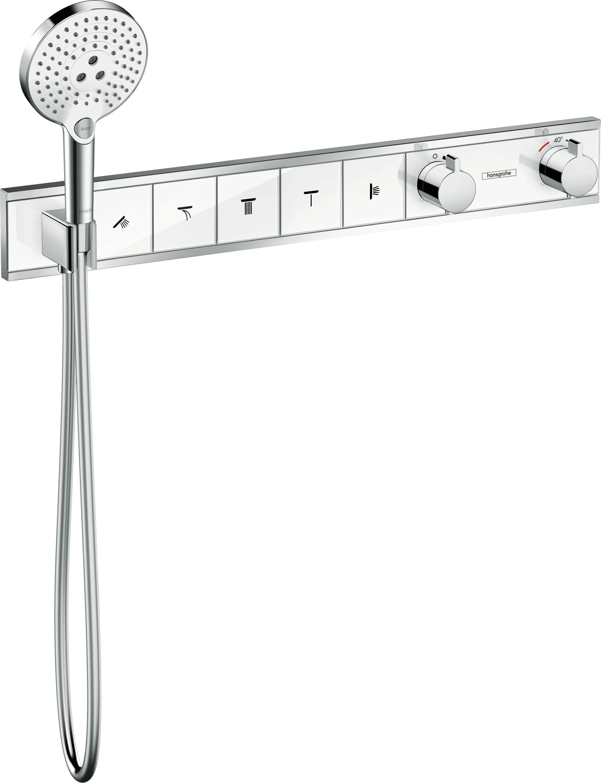 Hansgrohe RainSelect Thermostat Unterputz, 5 Verbraucher, weiß/chrom, mit integriertem Brausehalter und Tasten für Handbrause, Schwall, Rain groß, MonoRain, Seitenbrause