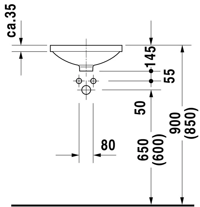 Einbauwaschtisch Architec 375 mm EB v.u.,o.ÜL,o.HLB,u.glasiert,weiß