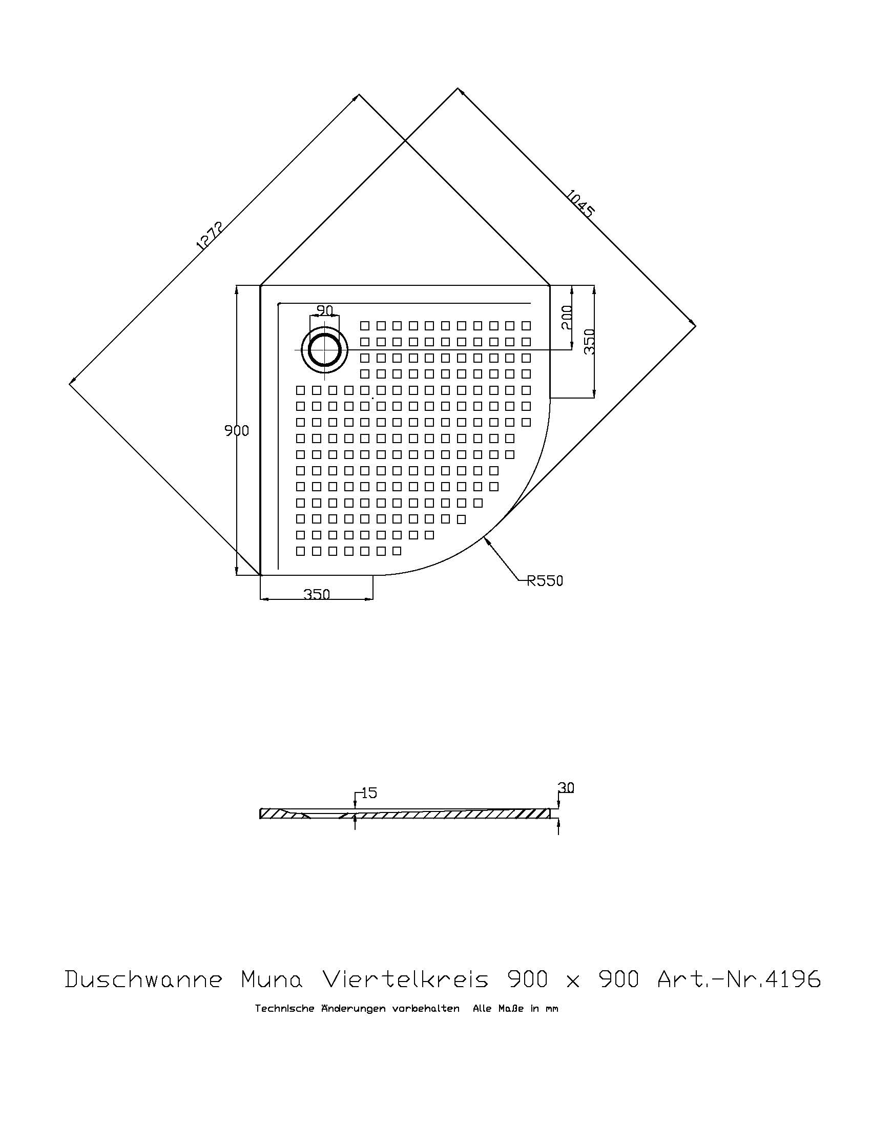 Duschwanne „Muna“ Viertelkreis 90 × 90 cm in Weiß