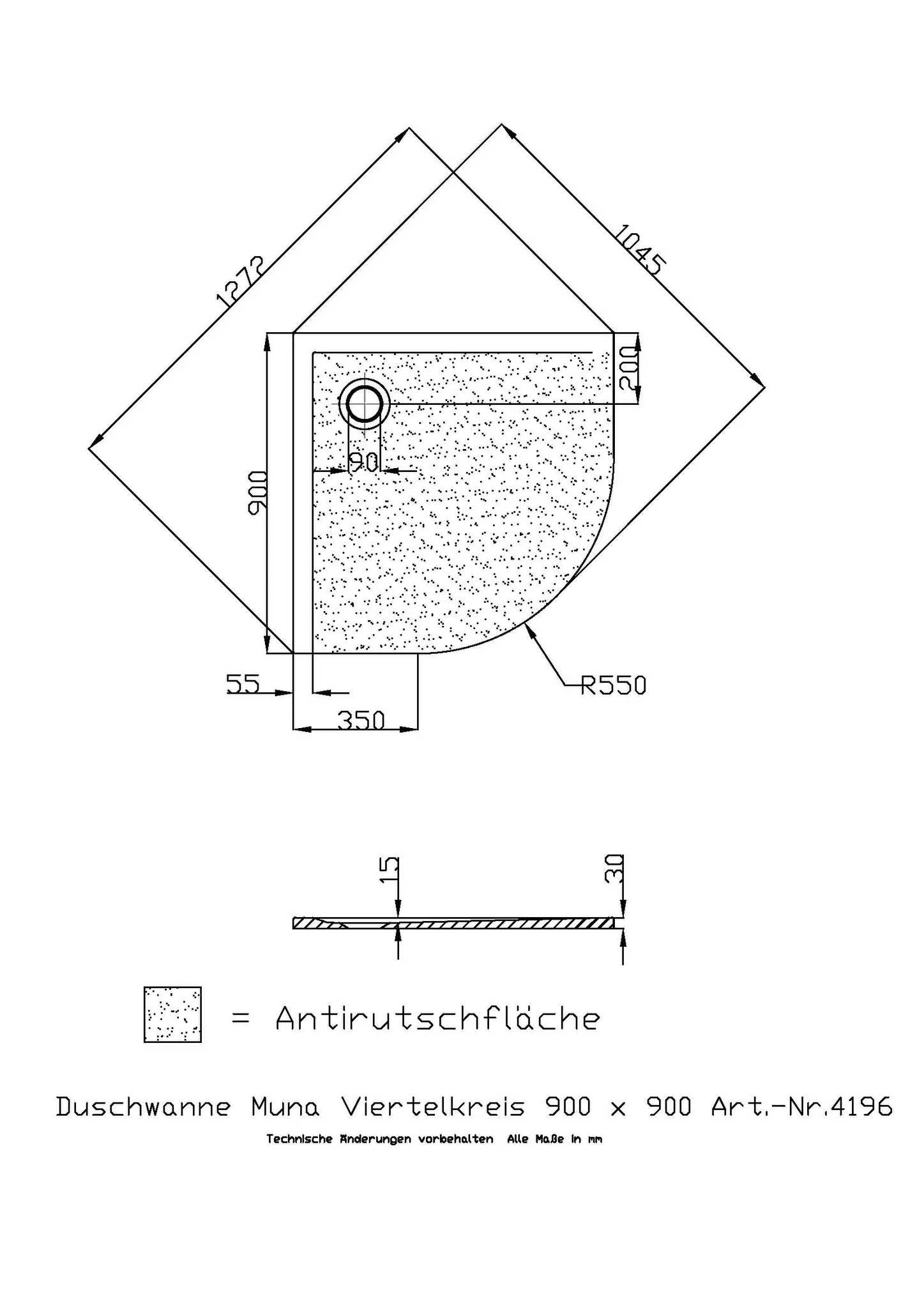 Duschwanne „Muna“ Viertelkreis 90 × 90 cm in Schiefergrau