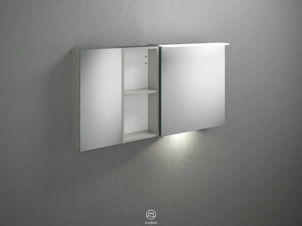 Badu Spiegelschrank SFUD120 von burgbad - 310 mm tief, 1.200 mm breit, 665 mm hoch, beidseitig verspiegelt mit LED-Aufsatzleuchte und Waschtischbeleuchtung