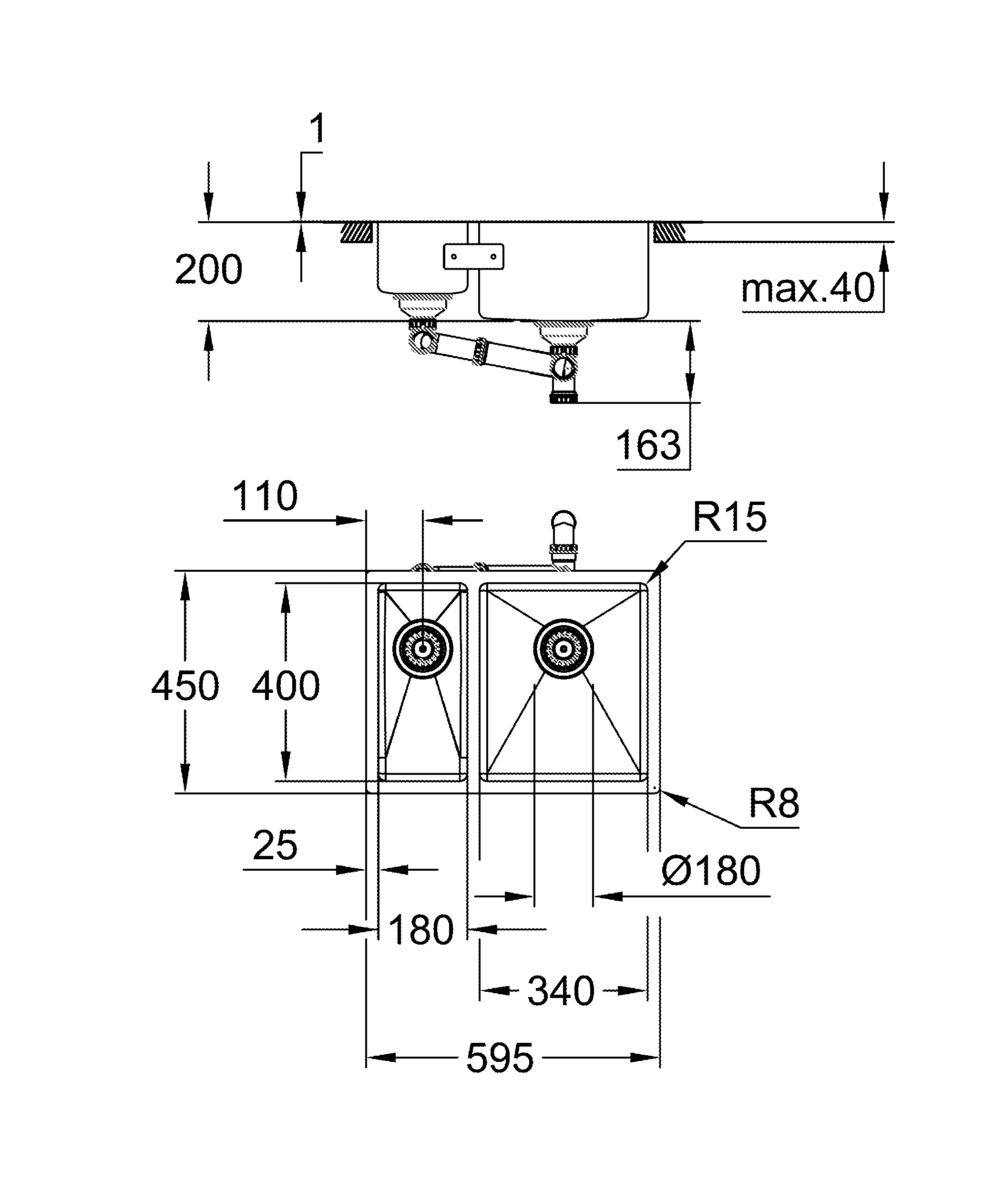 Edelstahlspüle K700 Unterbau 31576_1, Modell: K700U 60-S 59.5/45 1.5 rh, Montageart: Unterbau, aufliegend oder flächenbündig, Maße: 595 x 450 mm, 1 Becken: 340 x 400 x 200 mm, 0,5 Becken: 180 x 400 x 140 mm, rechts einbaubar, edelstahl