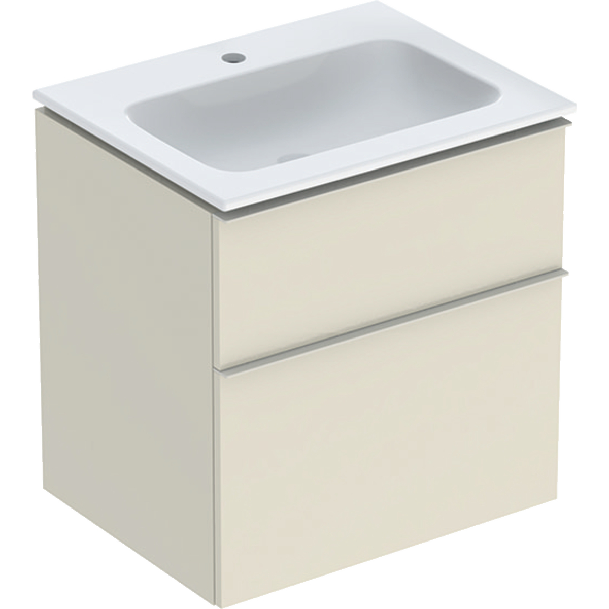 iCon Set Möbelwaschtisch schmaler Rand, mit Unterschrank, zwei Schubladen und Waschbeckenanschluss: B=60cm, H=63cm, T=48cm, weiß, sand-grau / lackiert hochglänzend, sand-grau / pulverbeschichtet matt