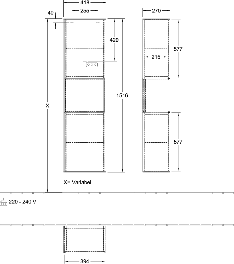 Villeroy & Boch Hochschrank Finion F46, 418x1516x270mm, Beleuchtung, links