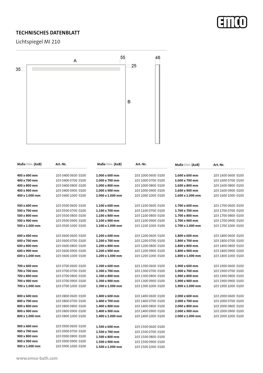 emco Lichtspiegel mit Sensorschalter „MI 210“ 40 × 60 cm