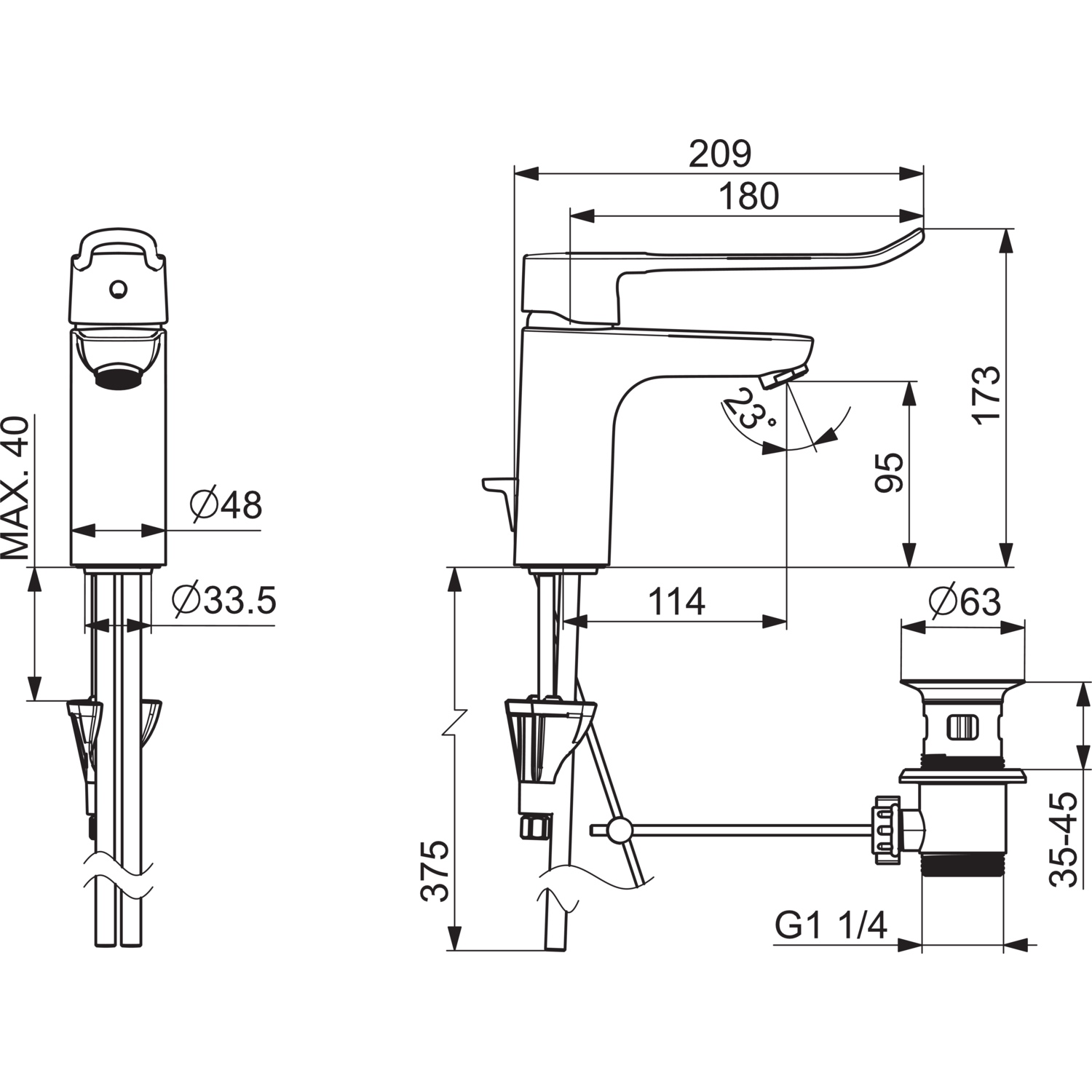 EHM Waschtischbatterie CLINICA 4501 Anschluss über Kupferrohre Ablaufgarnitur mit Zugstange Bügelhebel Bedienungshebel lang Ausladung 114 mm DN15 Chrom