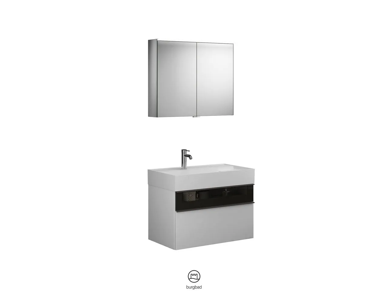 Burgbad Yumo Badmöbelset, Spiegelschrank mit Mineralguss-Waschtisch und -Unterschrank, Breite 815 mm, Tiefe 470 mm Burgbad Yumo Badmöbelset, Spiegelschrank mit Mineralguss-Waschtisch und -Unterschrank, Breite 815 mm, Tiefe 470 mm