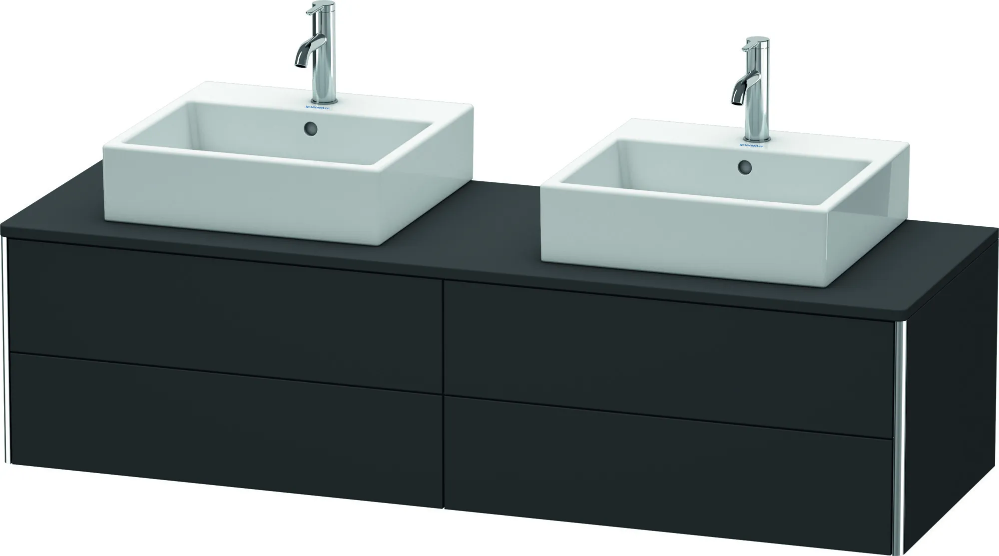 Duravit Waschtischunterschrank wandhängend „XSquare“ 160 × 40 × 54,8 cm Graphit Supermatt Becken: links und rechts / Front- & Korpusfarbe: Graphit Supermatt / Größe: 160 × 54,8 × 40 cm / Oberfläche: Dekor / Profile: Chrom / Schubladen: 4
