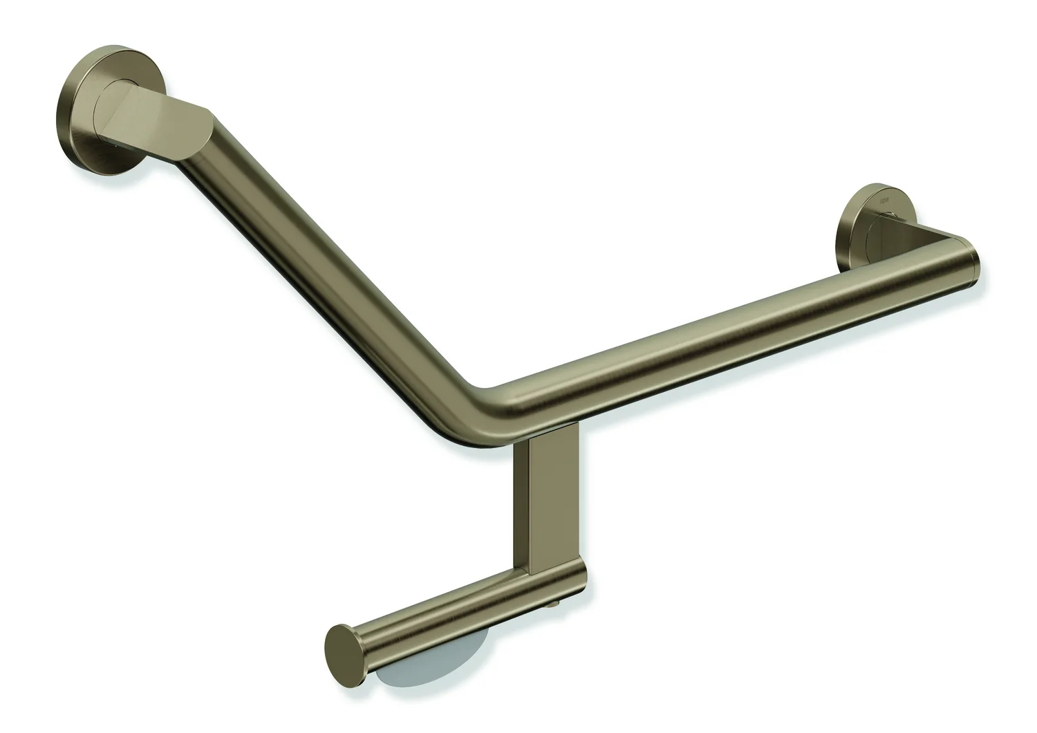 HEWI Winkelgriff mit WC-Papierrollenhalter System 900, Edelstahl PVD bronze gebürstet, Achsmaße 620 mm und 283 mm, Winkel 135°, Durchmesser 32 mm,
