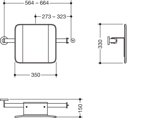 Rückenstütze, System 900, Anbindung Edst. PVD., Lehne Kst., schwarz, Achsmaß verstellbar 564-664 mm, T: 150 mm, einseitig Wandmontage mit Rosetten (rechts), einseitig Montage an SK-Griffen, Design (A) (links), in Farbe CK (messing glänzend)