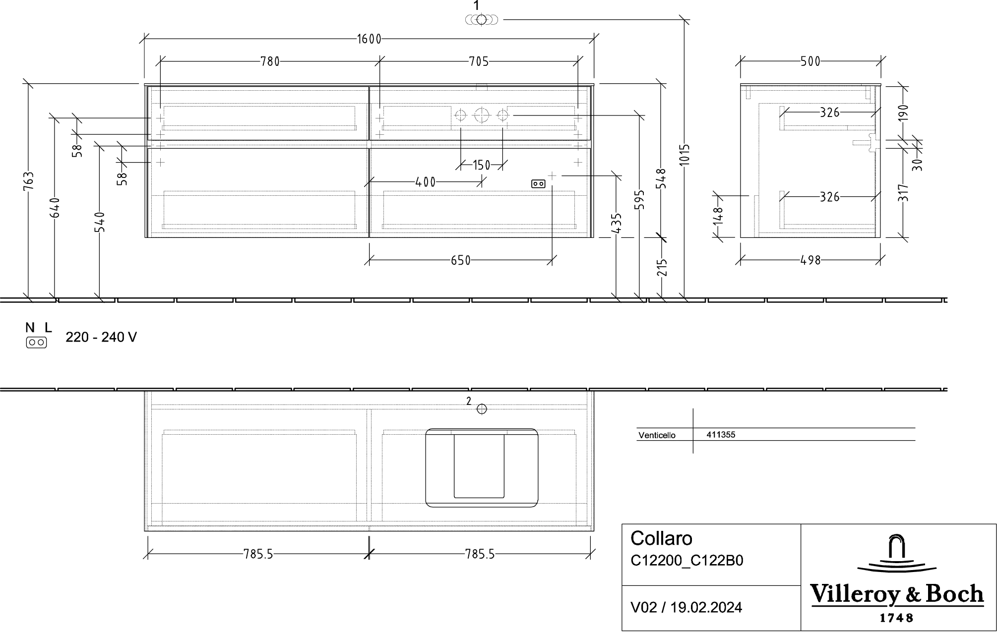 Villeroy & Boch Collaro Waschbeckenunterschrank C122B0, 1600x548x500mm, Glossy Grey