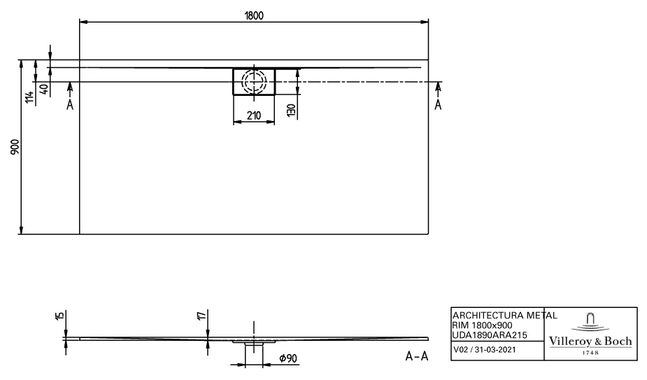 Villeroy & Boch rechteck Duschwanne „Architectura MetalRim“ 180 × 90 cm mit Antirutsch (VILBOgrip), in Weiß Alpin