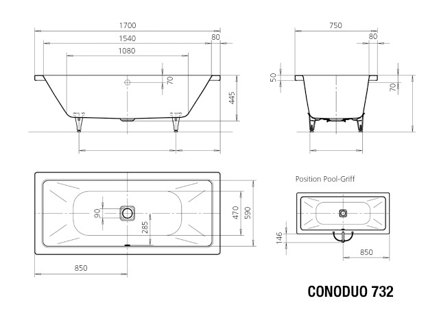 Set-Badewanne Conoduo Badewanne 170 × 75 cm mit Perl-Effekt inklusive Träger und Ablauf mit emaillierter Abdeckung in weiß