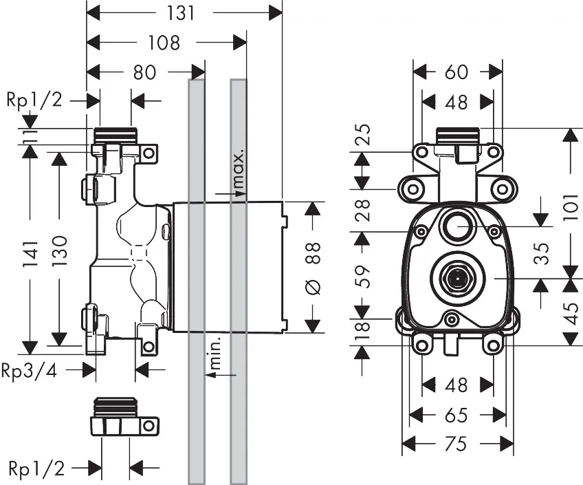 Hansgrohe AXOR ShowerSolutions Handbrausenmodul Unterputz, DN15, 30 l/min Durchfluss, Keramikventil 180°, horizontale/vertikale Montage, schallentkoppelt