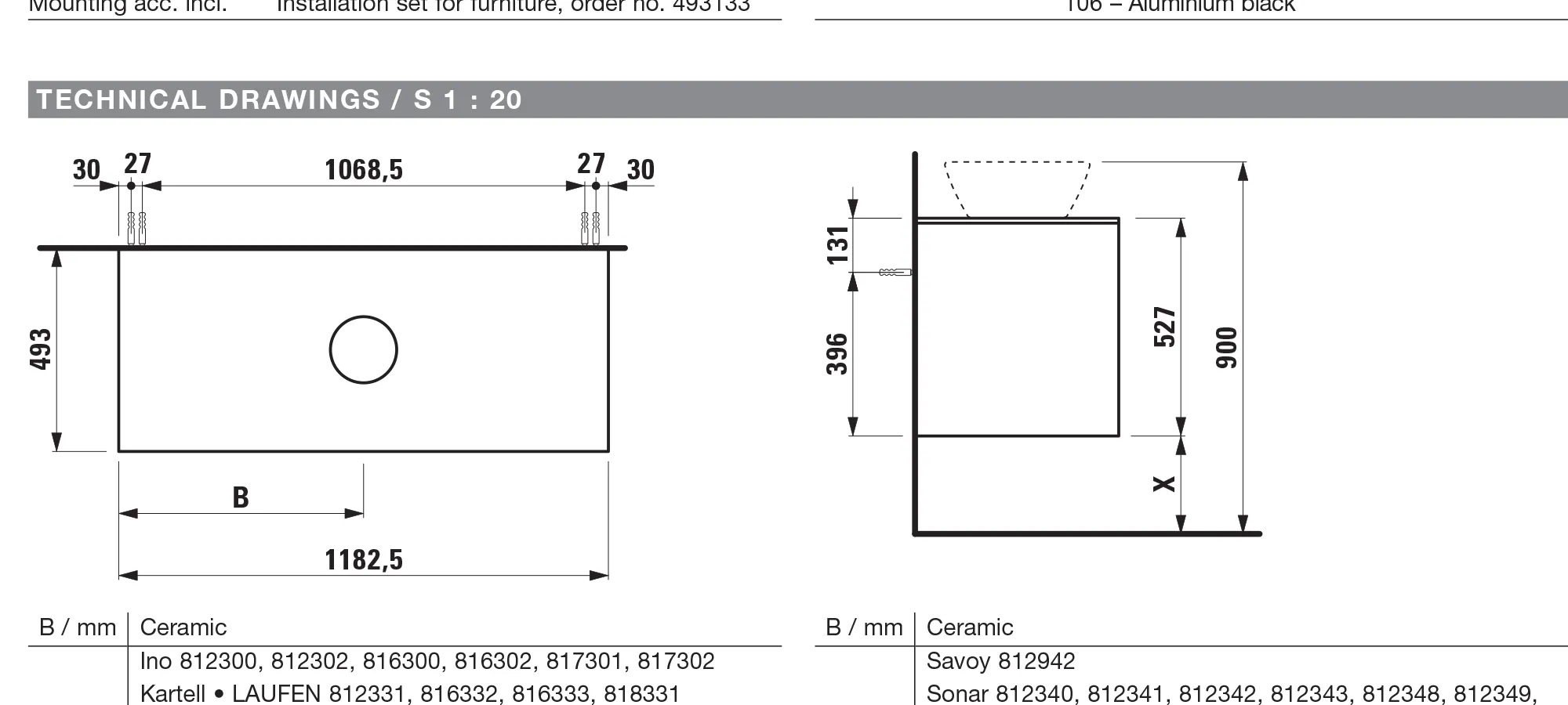 Waschtischunterbau+Waschtischplatte (Schubladenelement) LANI 493x1182x527 mit Ausschnitt mittig Abdeckplatte 12 mm, mit 2 Schubladen integrierter Griffleiste Vollauszug und Soft-Close weiß matt