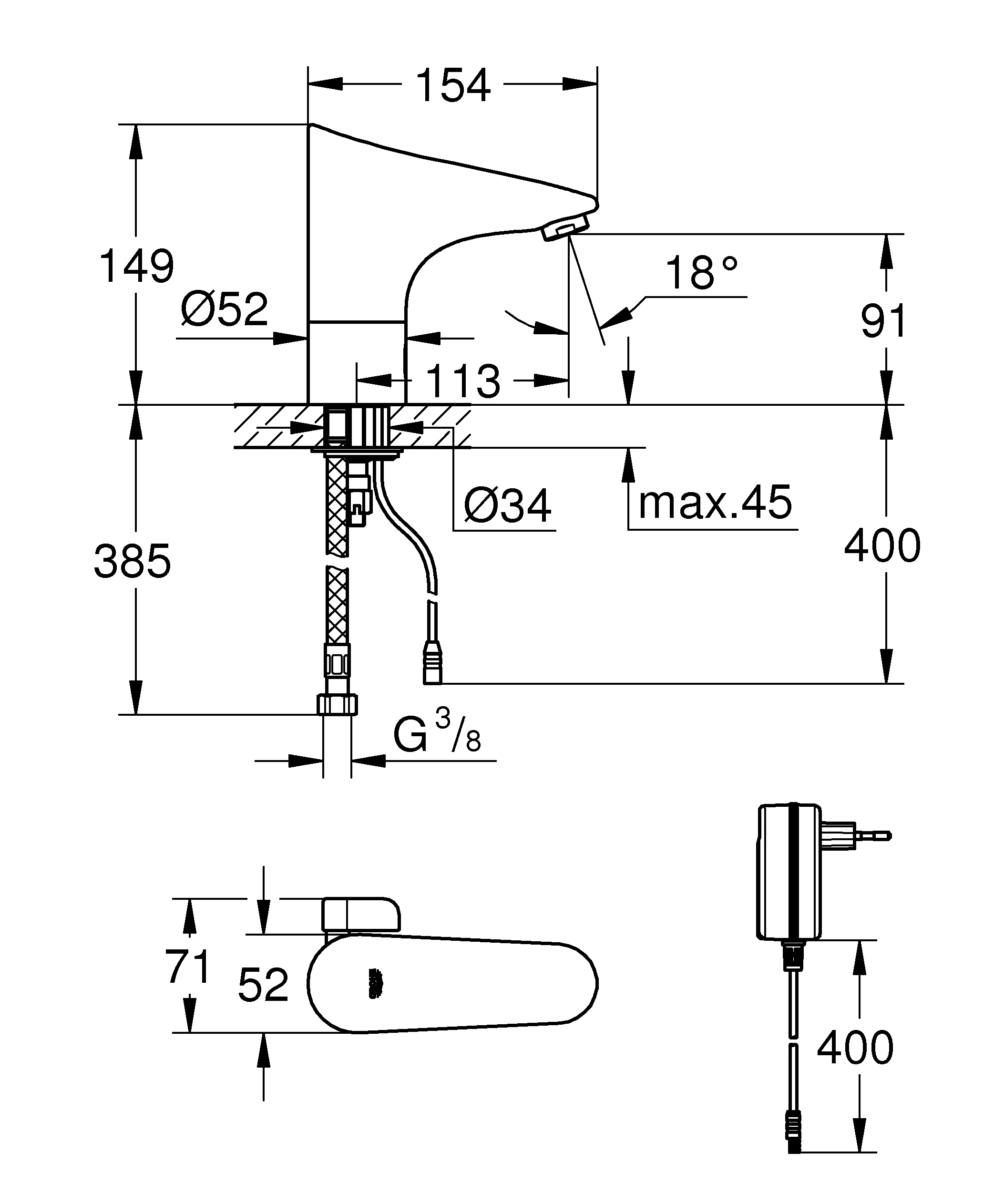 Infrarot-Elektronik für Waschtisch Europlus E 36015_1, mit Mischung, mit Steckertrafo 100-230 V AC, 50-60 Hz, 6 V DC, chrom