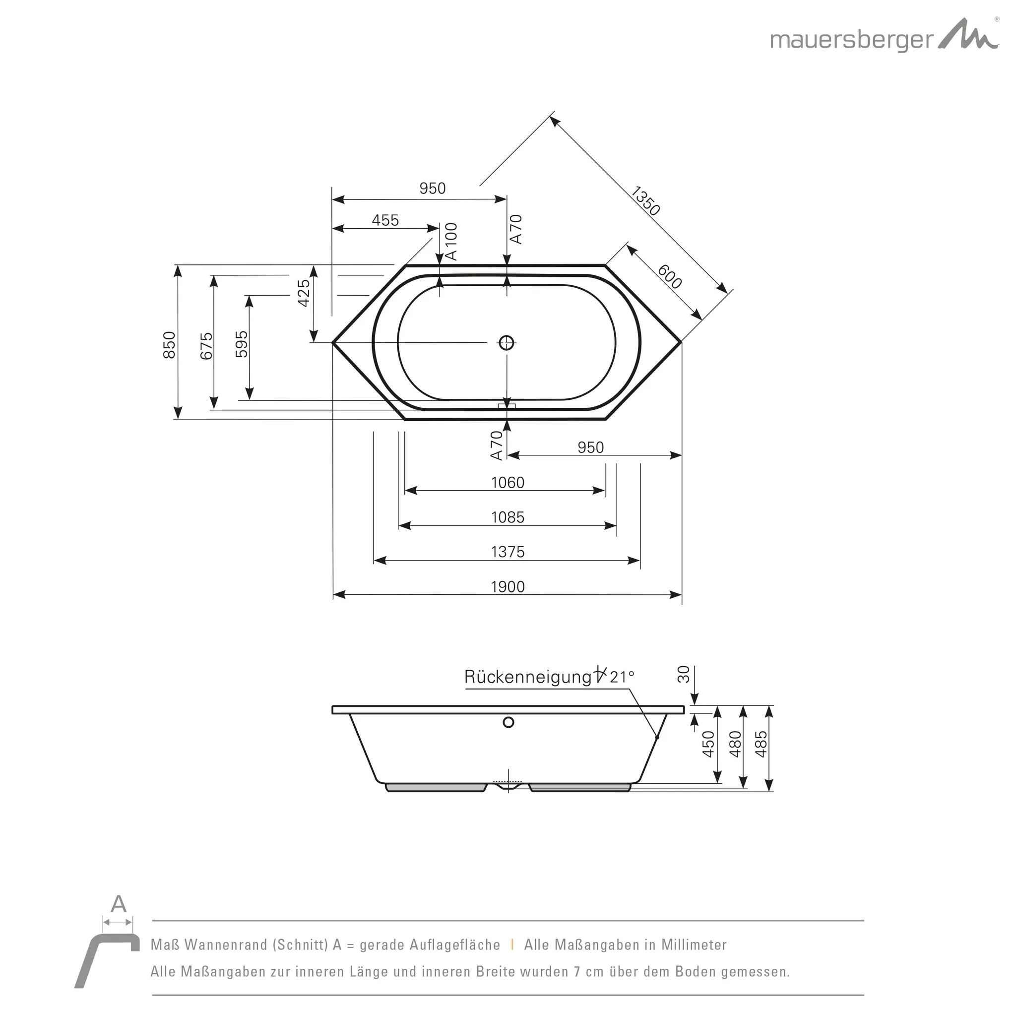Mauersberger ovata Acryl-Badewanne 6-/8-Eckform, weiß, 1900x850x485