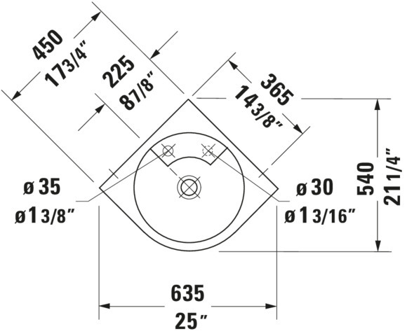 Eck-Waschtisch Architec 635 mm ohneÜL,m.HLB,HL li.,HL-Vst.re.,weiß