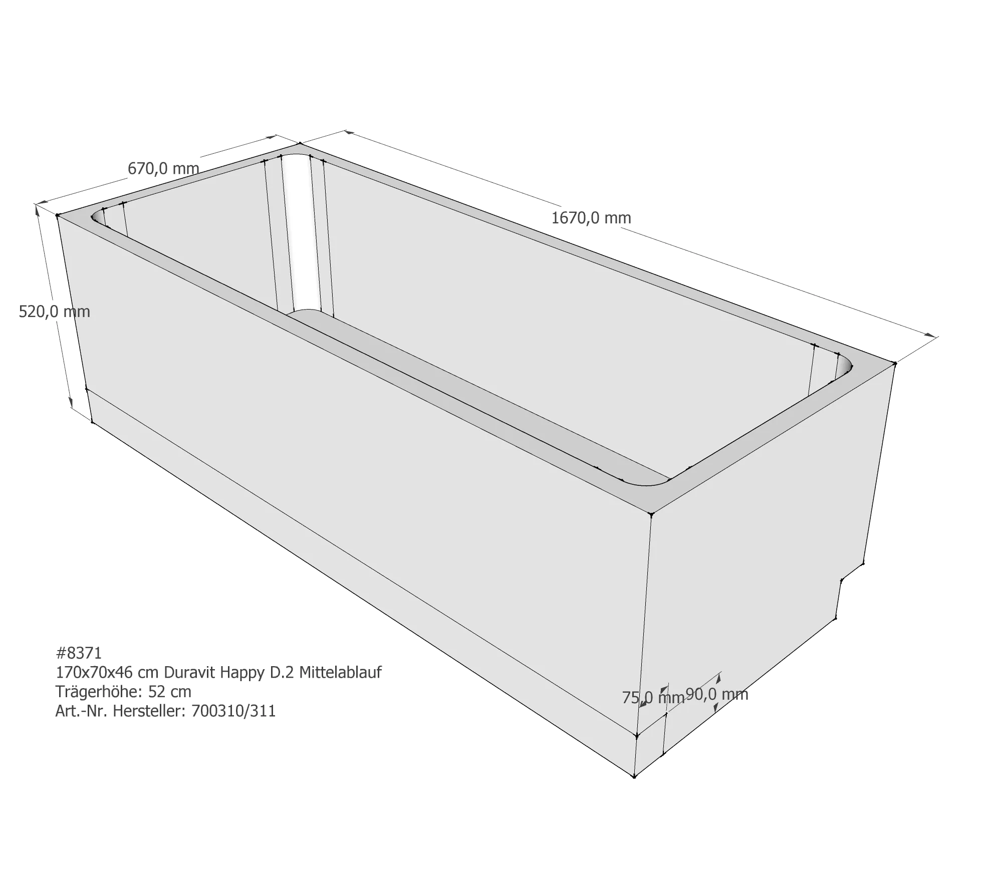 Badewannenträger für Duravit Happy D.2 170 × 70 × 46 cm