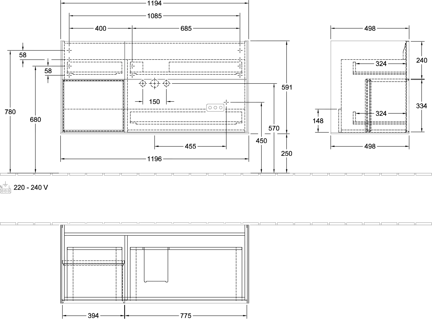 Villeroy & Boch Waschtischunterschrank „Finion“ für Schrankwaschtisch 119,6 × 59,1 × 49,8 cm 3 Schubladen, für Waschtischposition mittig, inkl. Beleuchtung mittig