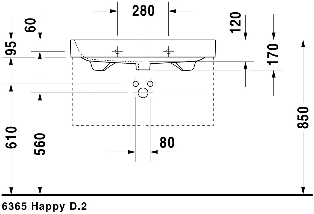 Wandwaschtisch „Happy D.2“, Hahnlochposition mittig, mit Überlauf 