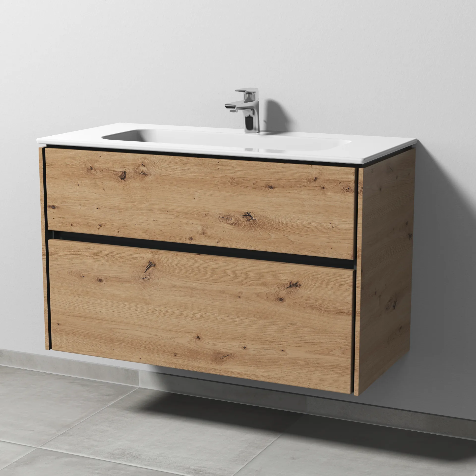 Keramik-Waschtisch-Set mit Waschtischunterschrank „Twiga“ 99 × 46 × 61 cm in Eiche Natural-Touch, ohne Beleuchtung, mit Hahnlochbohrung Keramik-Waschtisch-Set mit Waschtischunterschrank „Twiga“ 99 × 46 × 61 cm in Eiche Natural-Touch, ohne Beleuchtung, mit Hahnlochbohrung