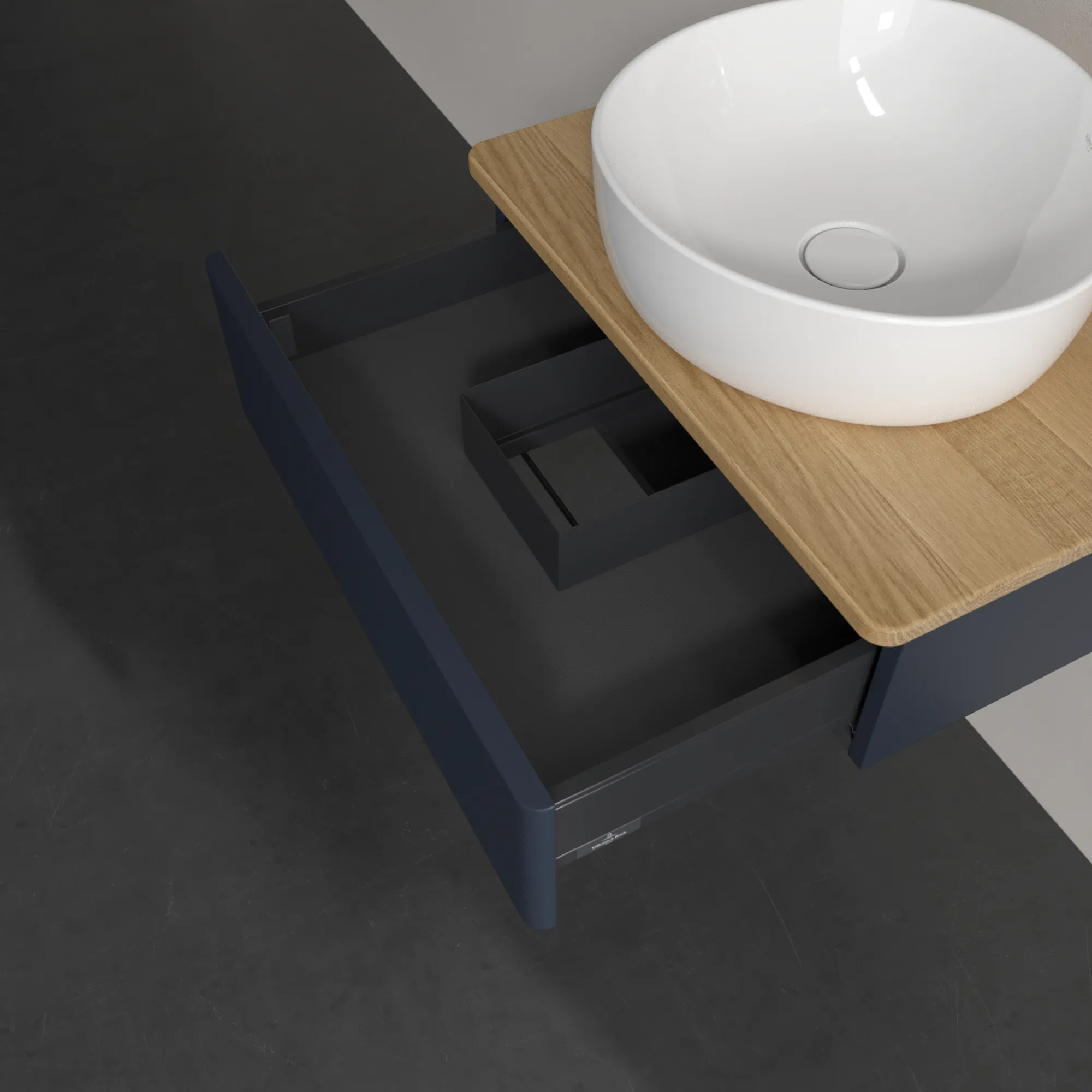 Villeroy & Boch Waschbeckenunterschrank Antao K07_1, 600x190x500 mm, Midnight Blue Matt Lacquer, Massivholz Abdeckplatte, SoftClosing, Push-to-open