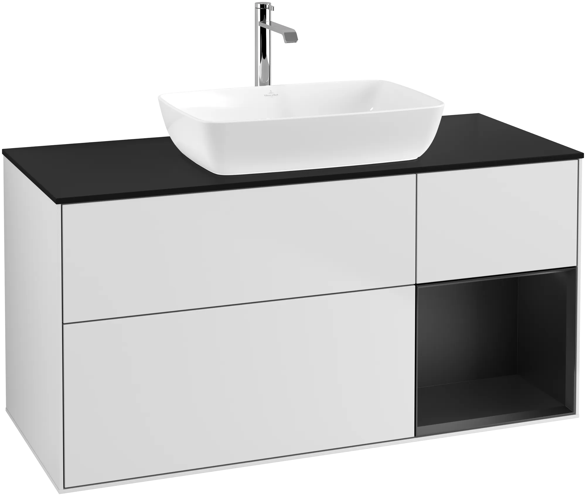 Villeroy & Boch Waschbeckenunterschrank Finion F83, 1200x603x501mm, White Matt Lacquer / Black Matt Lacquer / Glass Black Matt
